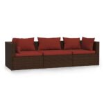 3-Seater Sofa with Cushions Brown Poly Rattan Wicker Outdoor Patio Furniture