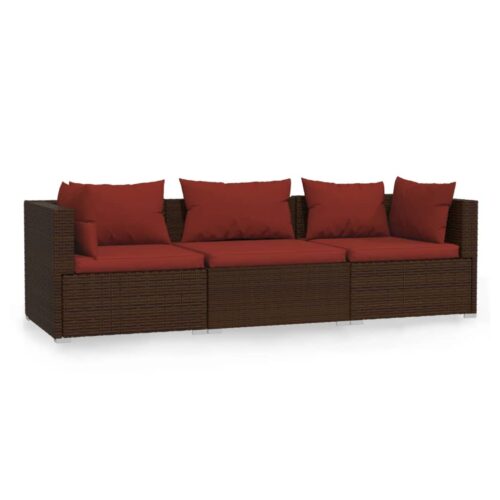 3-Seater Sofa with Cushions Brown Poly Rattan Wicker Outdoor Patio Furniture