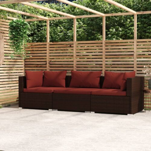 3-Seater Sofa with Cushions Brown Poly Rattan Wicker Outdoor Patio Furniture - Image 2