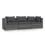 3-Seater Sofa with Cushions Grey Poly Rattan Wicker Outdoor Patio Furniture