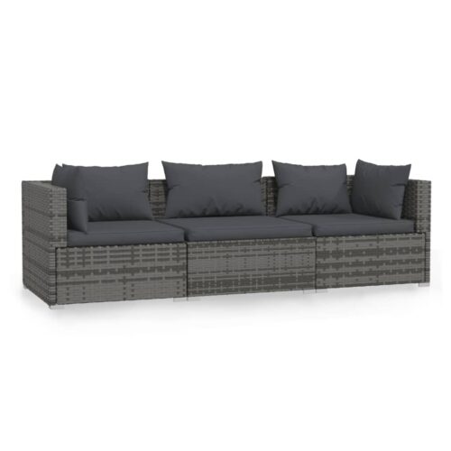 3-Seater Sofa with Cushions Grey Poly Rattan Wicker Outdoor Patio Furniture