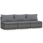 3-Seater Sofa with Cushions Grey Poly Rattan Wicker Outdoor Patio Furniture