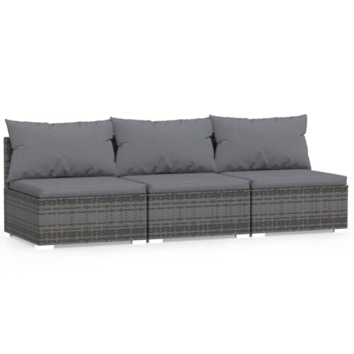 3-Seater Sofa with Cushions Grey Poly Rattan Wicker Outdoor Patio Furniture