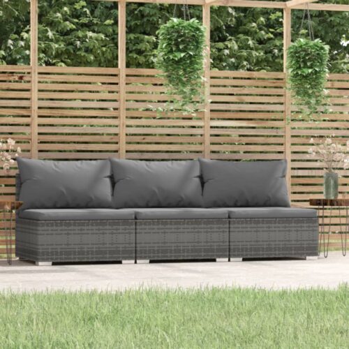 3-Seater Sofa with Cushions Grey Poly Rattan Wicker Outdoor Patio Furniture - Image 2