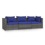 3-Seater Sofa with Cushions Grey Poly Rattan Wicker Outdoor Patio Furniture