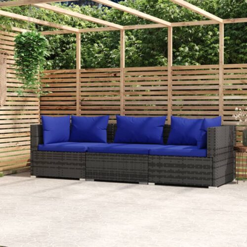 3-Seater Sofa with Cushions Grey Poly Rattan Wicker Outdoor Patio Furniture - Image 2