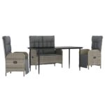 4-Piece Garden Dining Set with Cushions Grey Poly Rattan Wicker Outdoor Patio Furniture