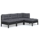 4-Piece Garden Lounge Set with Cushions Black Pine Wood Outdoor Patio Furniture
