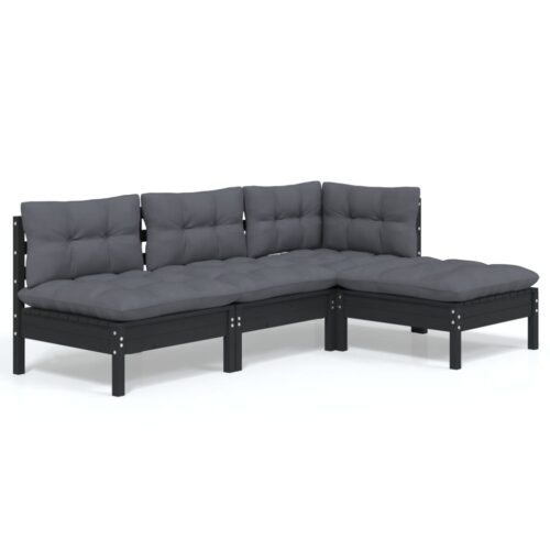 4-Piece Garden Lounge Set with Cushions Black Pine Wood Outdoor Patio Furniture