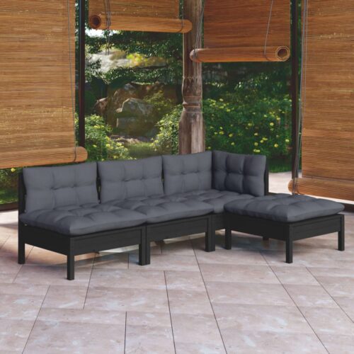 4-Piece Garden Lounge Set with Cushions Black Pine Wood Outdoor Patio Furniture - Image 2