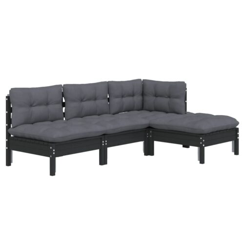 4-Piece Garden Lounge Set with Cushions Black Pine Wood Outdoor Patio Furniture - Image 3