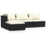 4-Piece Garden Lounge Set with Cushions Black Poly Rattan Wicker Outdoor Patio Furniture