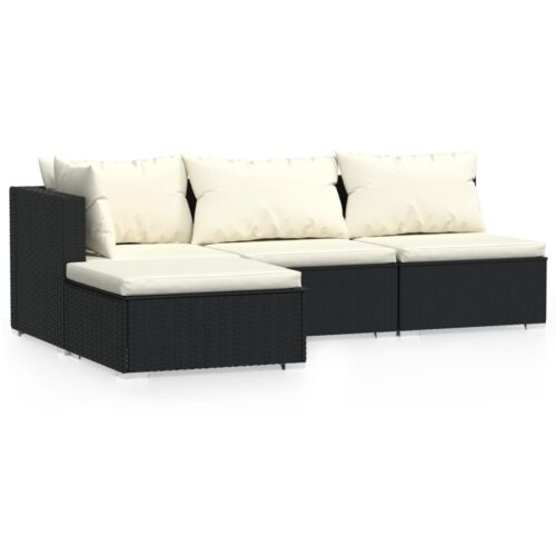 4-Piece Garden Lounge Set with Cushions Black Poly Rattan Wicker Outdoor Patio Furniture