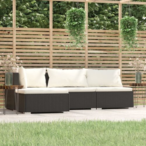 4-Piece Garden Lounge Set with Cushions Black Poly Rattan Wicker Outdoor Patio Furniture - Image 2