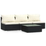 4-Piece Garden Lounge Set with Cushions Black Poly Rattan Wicker Outdoor Patio Furniture