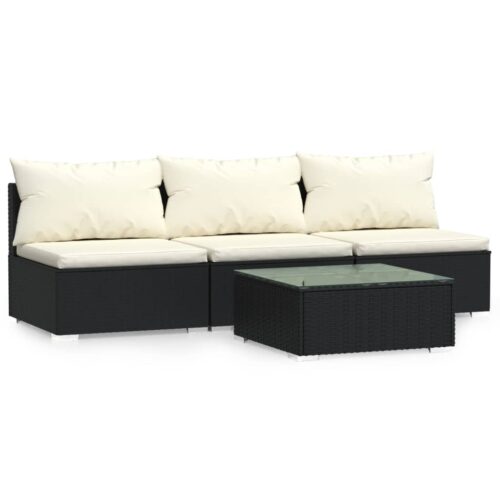 4-Piece Garden Lounge Set with Cushions Black Poly Rattan Wicker Outdoor Patio Furniture