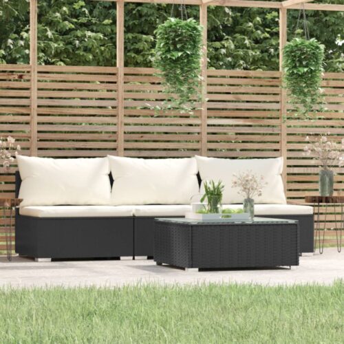 4-Piece Garden Lounge Set with Cushions Black Poly Rattan Wicker Outdoor Patio Furniture - Image 2