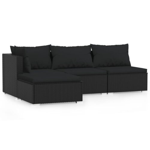4-Piece Garden Lounge Set with Cushions Black Poly Rattan Wicker Outdoor Patio Furniture