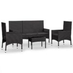 4-Piece Garden Lounge Set with Cushions Black Poly Rattan Wicker Outdoor Patio Furniture