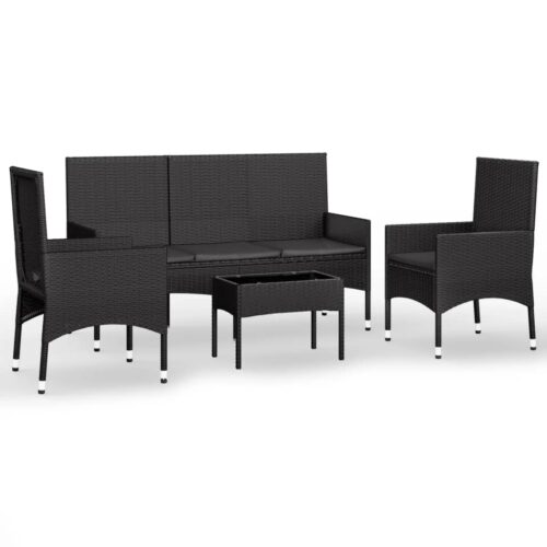 4-Piece Garden Lounge Set with Cushions Black Poly Rattan Wicker Outdoor Patio Furniture