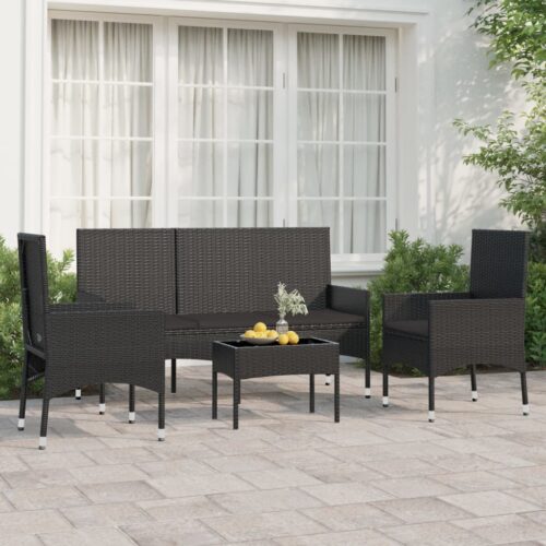 4-Piece Garden Lounge Set with Cushions Black Poly Rattan Wicker Outdoor Patio Furniture - Image 2