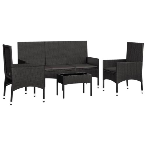 4-Piece Garden Lounge Set with Cushions Black Poly Rattan Wicker Outdoor Patio Furniture - Image 3