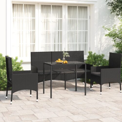 4-Piece Garden Lounge Set with Cushions Black Poly Rattan Wicker Outdoor Patio Furniture - Image 2