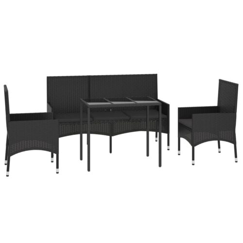 4-Piece Garden Lounge Set with Cushions Black Poly Rattan Wicker Outdoor Patio Furniture - Image 3