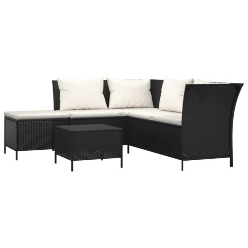 4-Piece Garden Lounge Set with Cushions Black Poly Rattan Wicker Outdoor Patio Furniture