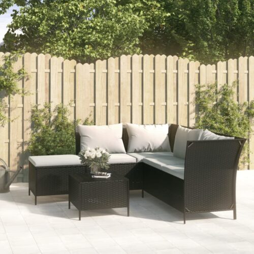 4-Piece Garden Lounge Set with Cushions Black Poly Rattan Wicker Outdoor Patio Furniture - Image 2