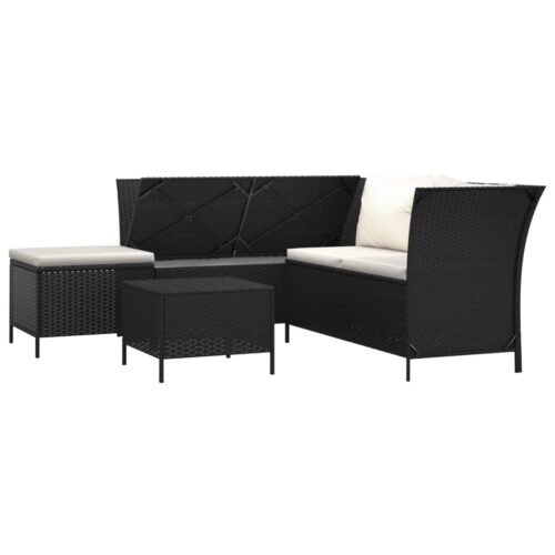 4-Piece Garden Lounge Set with Cushions Black Poly Rattan Wicker Outdoor Patio Furniture - Image 3