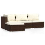 4-Piece Garden Lounge Set with Cushions Brown Poly Rattan Wicker Outdoor Patio Furniture
