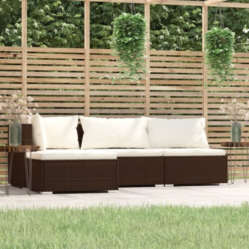 4-Piece Garden Lounge Set with Cushions Brown Poly Rattan Wicker Outdoor Patio Furniture - Image 2