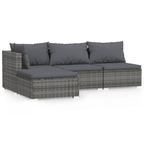 4-Piece Garden Lounge Set with Cushions Grey Poly Rattan Wicker Outdoor Patio Furniture