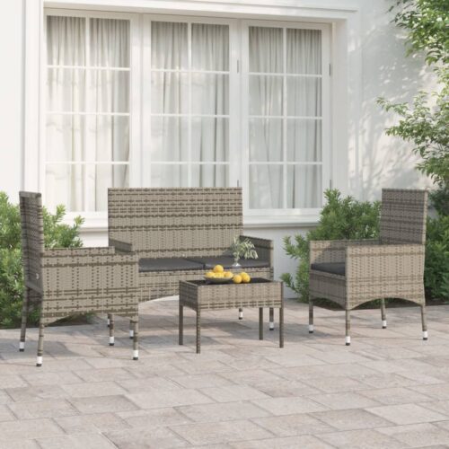 4-Piece Garden Lounge Set with Cushions Grey Poly Rattan Wicker Outdoor Patio Furniture - Image 2