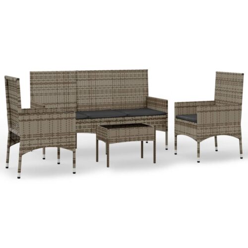 4-Piece Garden Lounge Set with Cushions Grey Poly Rattan Wicker Outdoor Patio Furniture