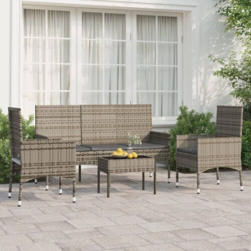 4-Piece Garden Lounge Set with Cushions Grey Poly Rattan Wicker Outdoor Patio Furniture - Image 2