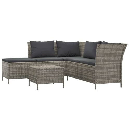 4-Piece Garden Lounge Set with Cushions Grey Poly Rattan Wicker Outdoor Patio Furniture