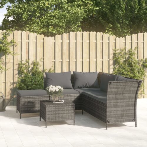 4-Piece Garden Lounge Set with Cushions Grey Poly Rattan Wicker Outdoor Patio Furniture - Image 2