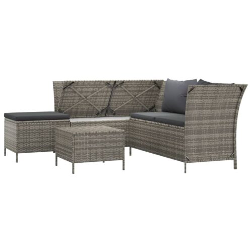 4-Piece Garden Lounge Set with Cushions Grey Poly Rattan Wicker Outdoor Patio Furniture - Image 3