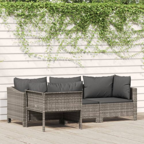 4-Piece Garden Lounge Set with Cushions Grey Poly Rattan Wicker Outdoor Patio Furniture - Image 2