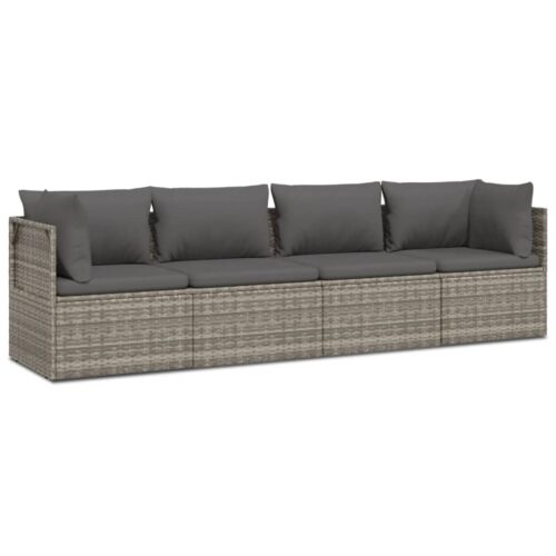 4-Piece Garden Lounge Set with Cushions Grey Poly Rattan Wicker Outdoor Patio Furniture