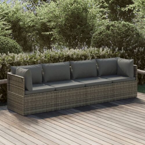4-Piece Garden Lounge Set with Cushions Grey Poly Rattan Wicker Outdoor Patio Furniture - Image 2