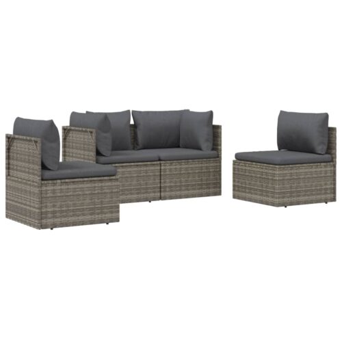 4-Piece Garden Lounge Set with Cushions Grey Poly Rattan Wicker Outdoor Patio Furniture - Image 3