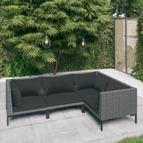 4-Piece Garden Lounge Set with Cushions Poly Rattan Wicker Outdoor Patio Furniture Dark Grey - Image 2