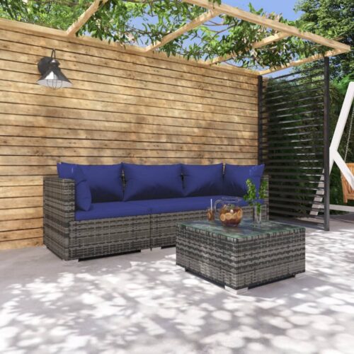 4-Piece Garden Lounge Set with Cushions Poly Rattan Wicker Outdoor Patio Furniture Grey - Image 2