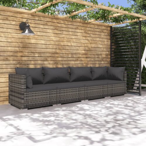 4-Piece Garden Lounge Set with Cushions Poly Rattan Wicker Outdoor Patio Furniture Grey - Image 2