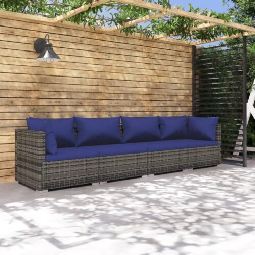 4-Piece Garden Lounge Set with Cushions Poly Rattan Wicker Outdoor Patio Furniture Grey - Image 2
