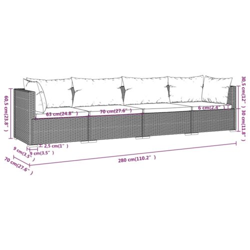 4-Piece Garden Lounge Set with Cushions Poly Rattan Wicker Outdoor Patio Furniture Grey - Image 7