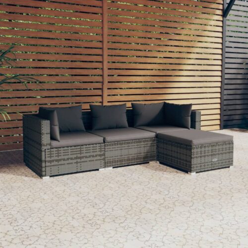 4-Piece Garden Lounge Set with Cushions Poly Rattan Wicker Outdoor Patio Furniture Grey - Image 2